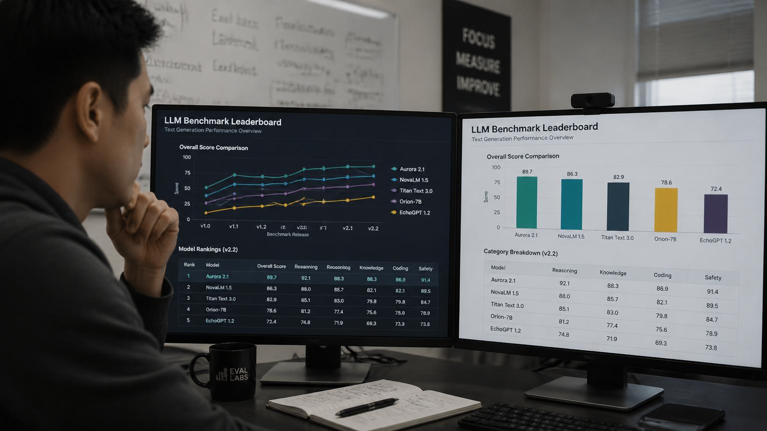 Analyst reviewing model benchmark leaderboards on two monitors