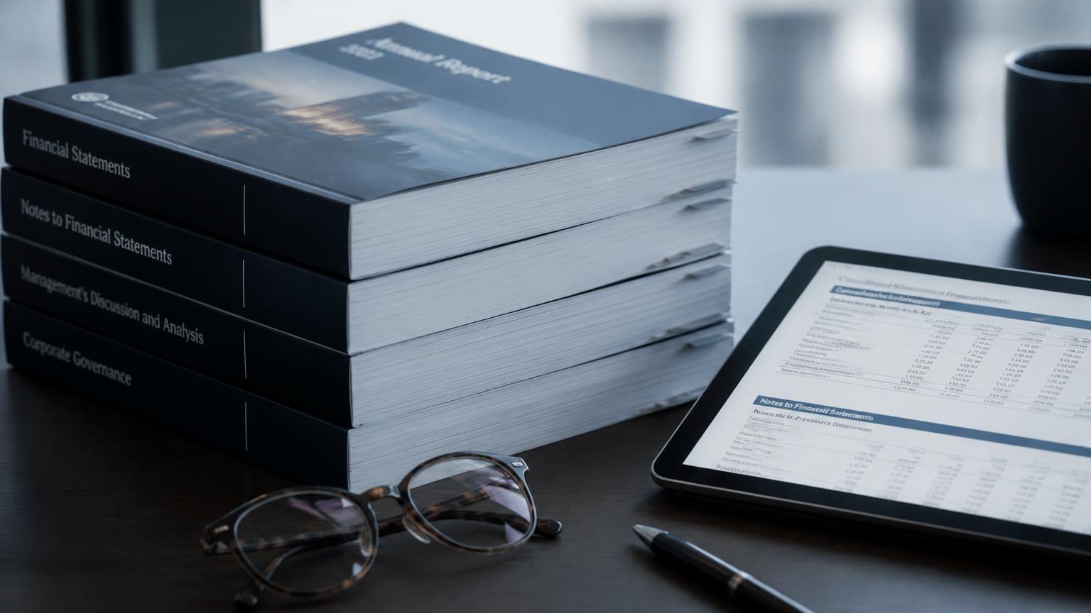 Stack of annual report volumes beside a tablet showing financial statements
