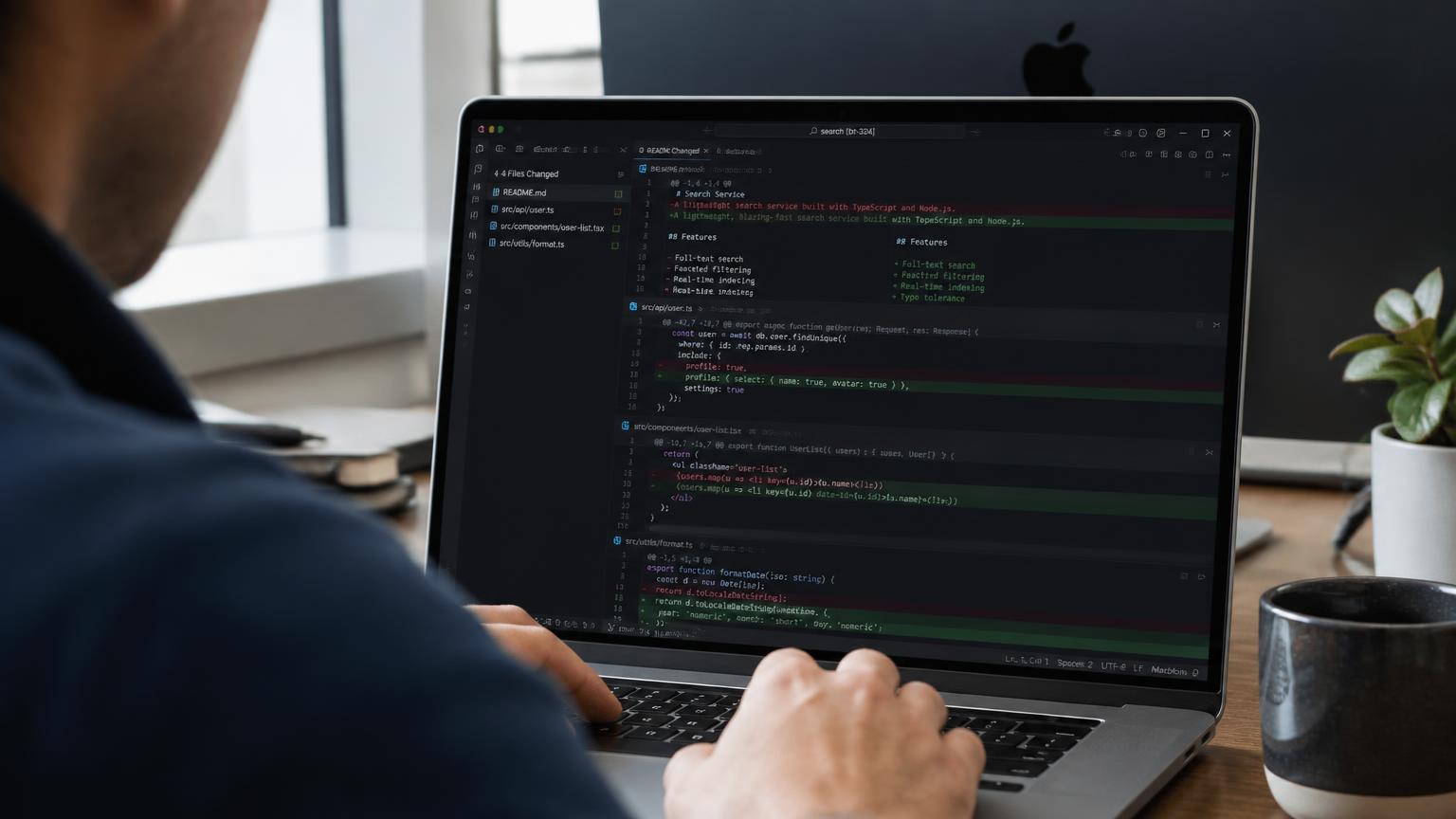 A multi-file code diff open on a laptop during an agentic coding session